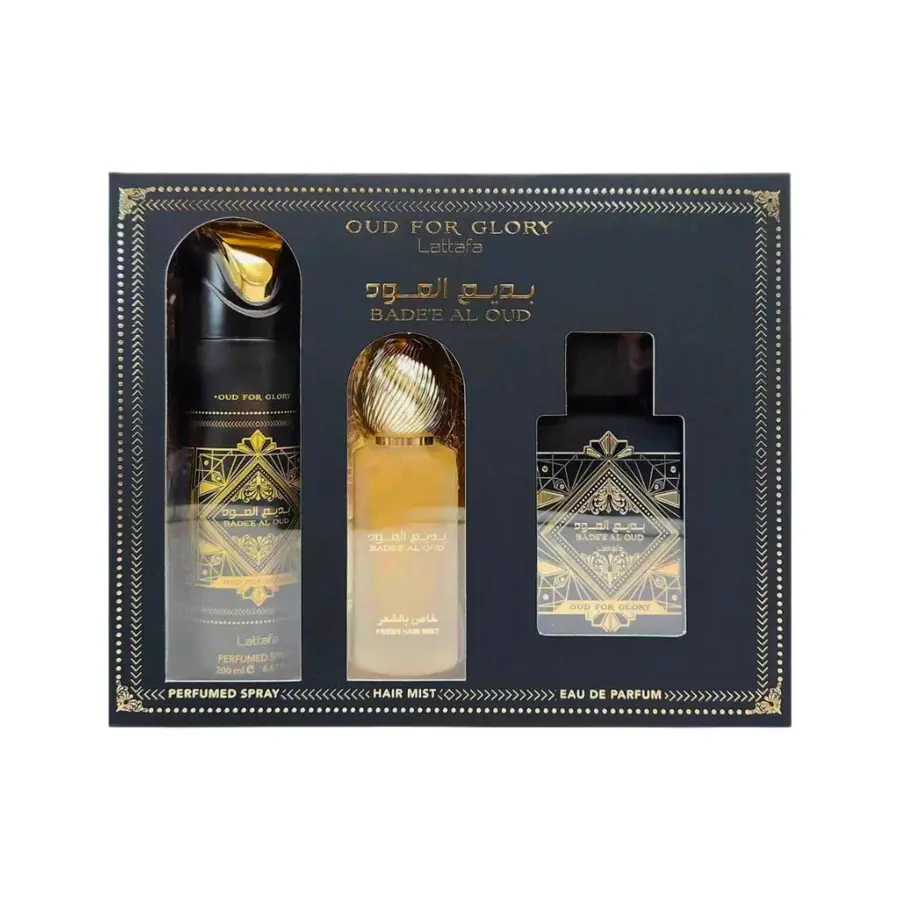 LATTAFA BADEE AL OUD FOR GLORY 3.4 EDP U + 6.7 BODY/SPRAY + 1.7 HAIRMIST