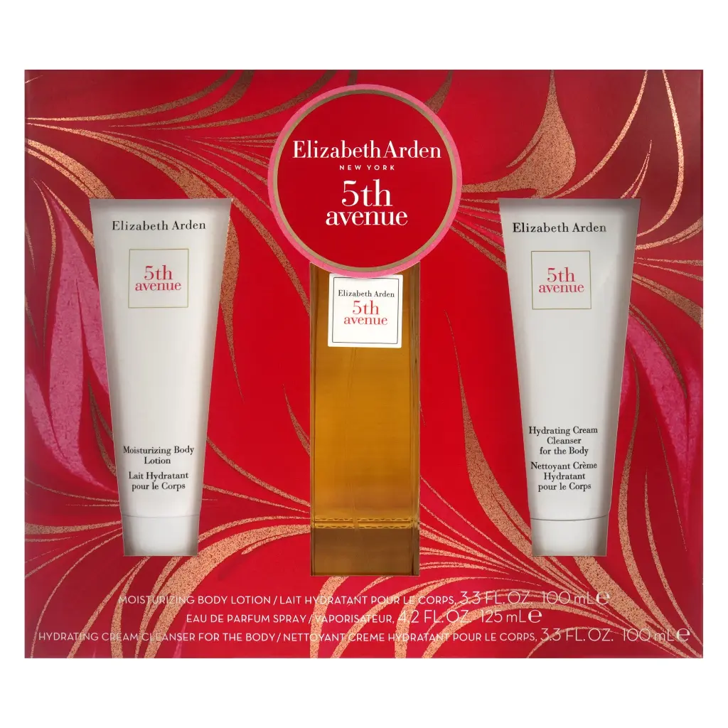 Elizabeth Arden 5th Avenue 4.2 3PC Women Set (Window Box)
Includes:
1x - 4.2 Fl. oz. Eau De Parfum Spray
1x - 3.3 Fl. oz. Moisturizing Body Lotion
1x - 3.3 Fl. oz. Hydrating Cream Cleanser For The Body