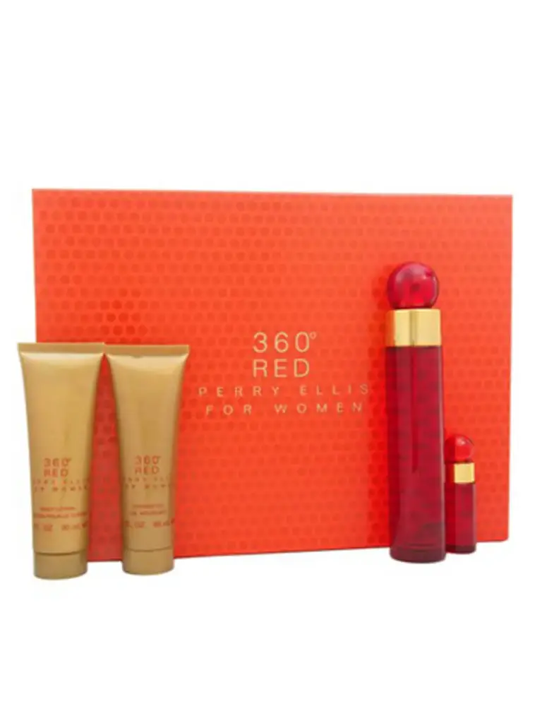 Perry Ellis 360 Red 4PC Women Set (Hard Box)
Includes:
1x - 3.4 Fl. Oz. Eau De Parfum Spray
1x - 4.0 Fl. Oz. Body Mist Spray
1x - 3.0 Fl. Oz. Shower Gel
1x - 0.25 Fl. Oz. Eau De Parfum Mini Spray