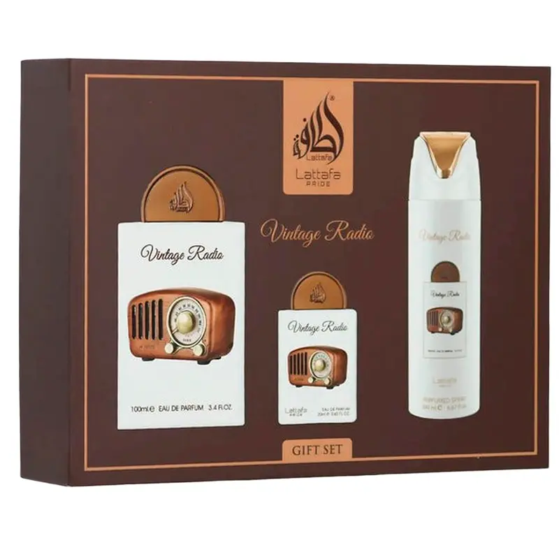 SET LATTAFA  VINTAGE RADIO UNISEX  (3 PC ) 3.4 EDP / 0.68 EDP / PERFUMED SPRAY 6.7 OZ